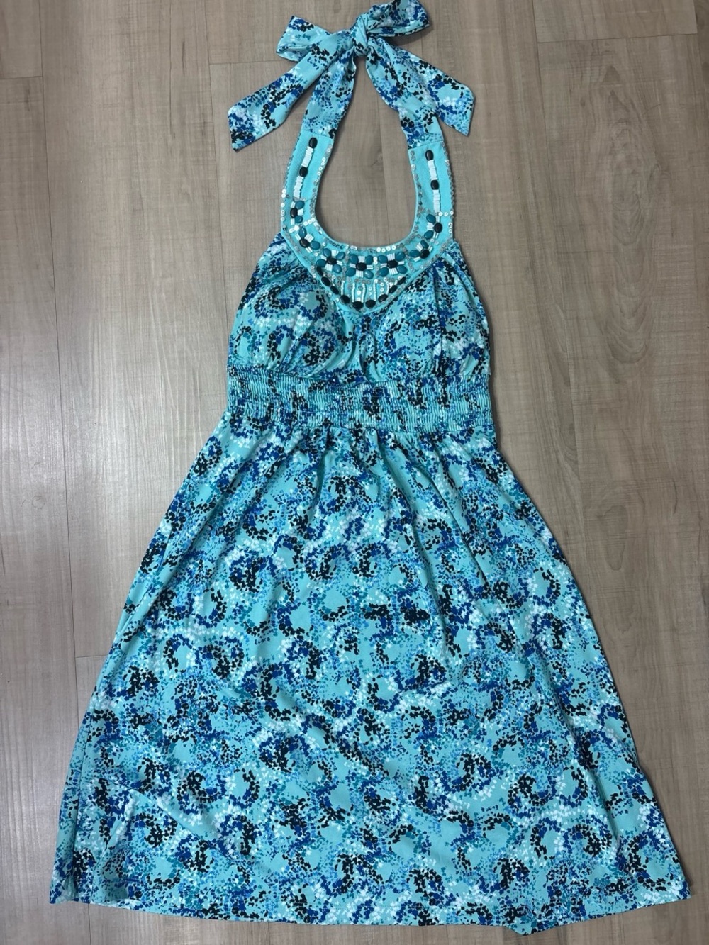 Candie's Y2K Blue and Black Patterned and Beaded Halter Dress